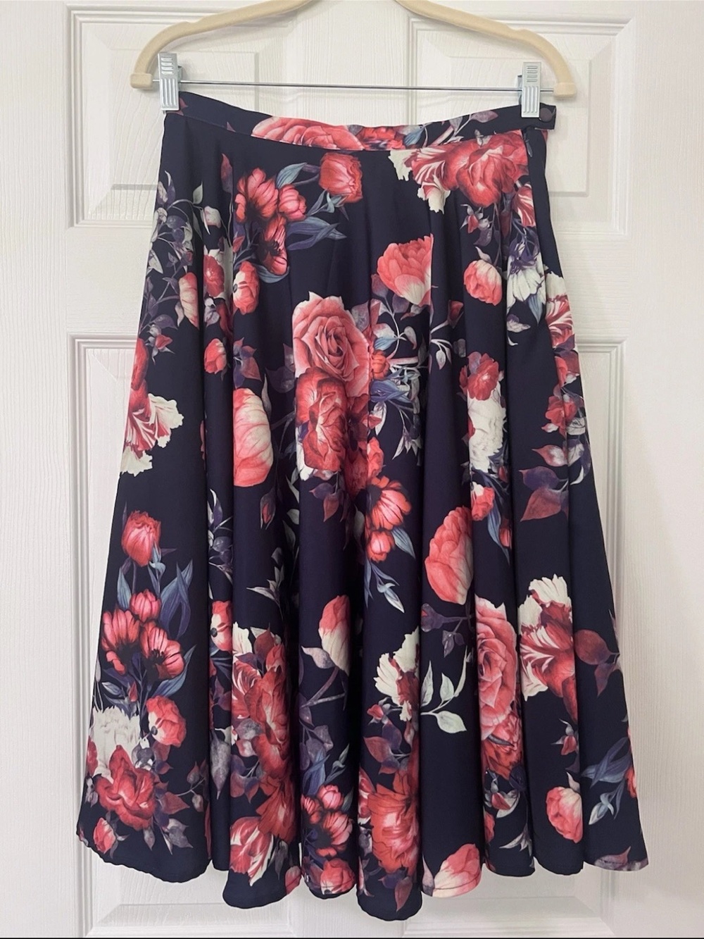 Myrtlewood Petite 8 Floral Midi Skirt in Navy with Pink Rose Print